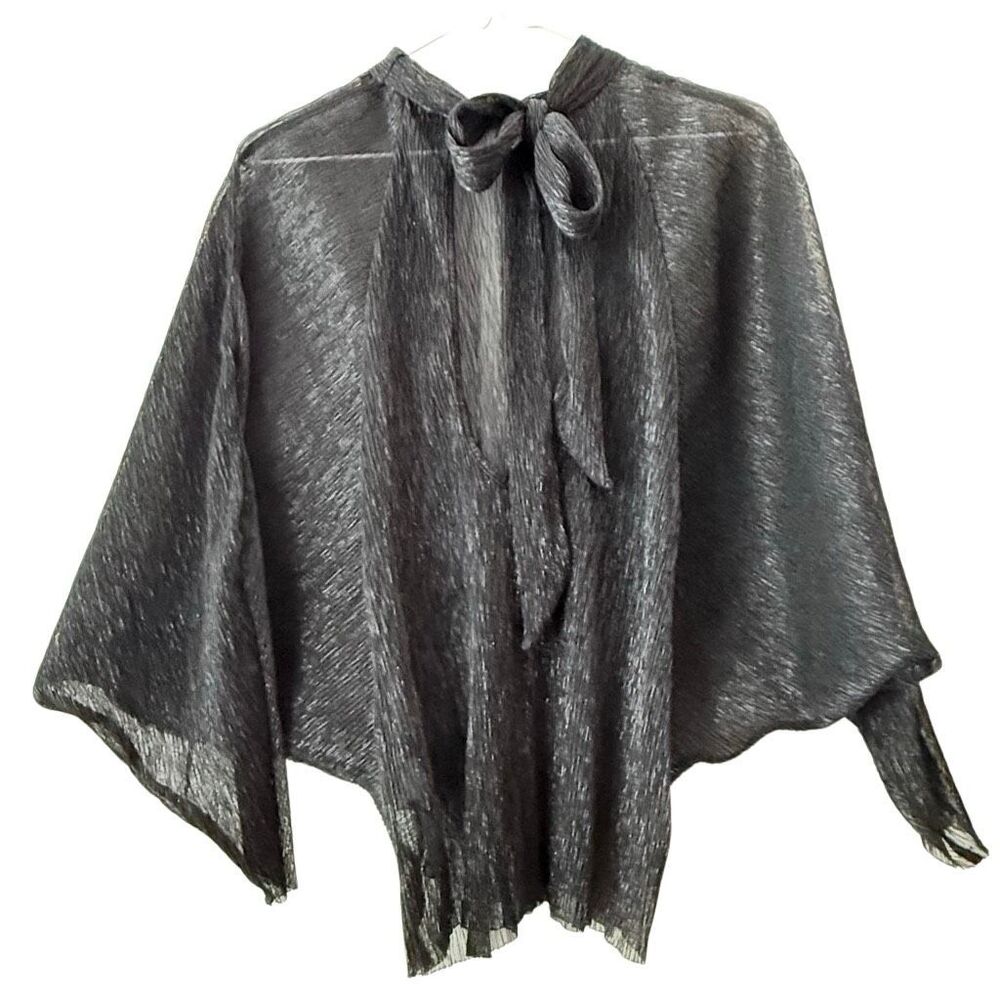 Topshop Metallic Shimmer Sheer Tie Neck Plisse Poncho Black Cape Top Size 2